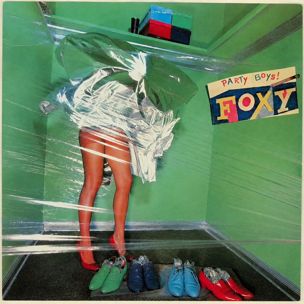 Foxy’s Party Boys album cover showing a woman in a green room with shoes lined along the floor