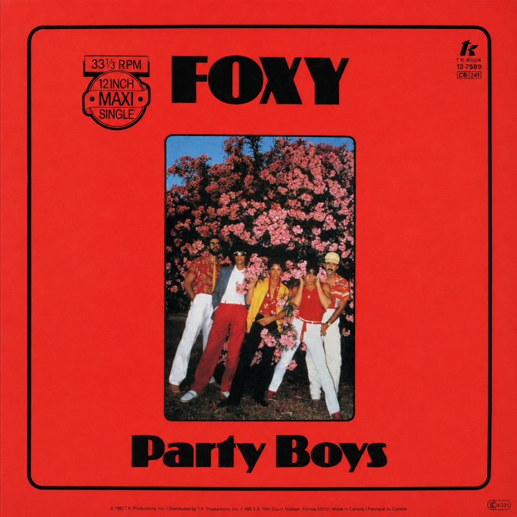 Foxy Party Boys 12-inch maxi-single sleeve with red artwork and a band photograph