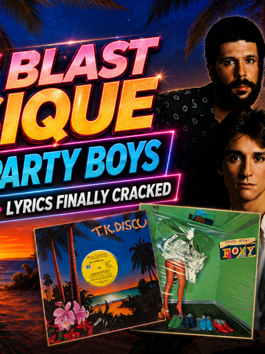 Past Blast Musique header for Foxy’s “Party Boys,” featuring the band portrait, tropical TK Disco artwork, the Party Boys album cover, and text about the lyrics finally being cracked 46 years later.