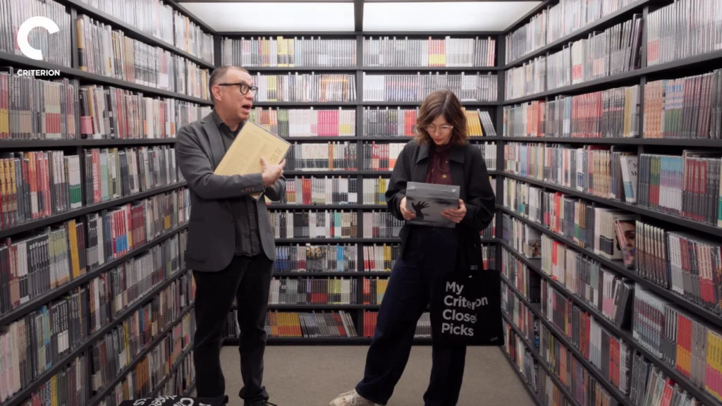 Fred Armisen and Carrie Brownstein making selections inside the Criterion Mobile Closet