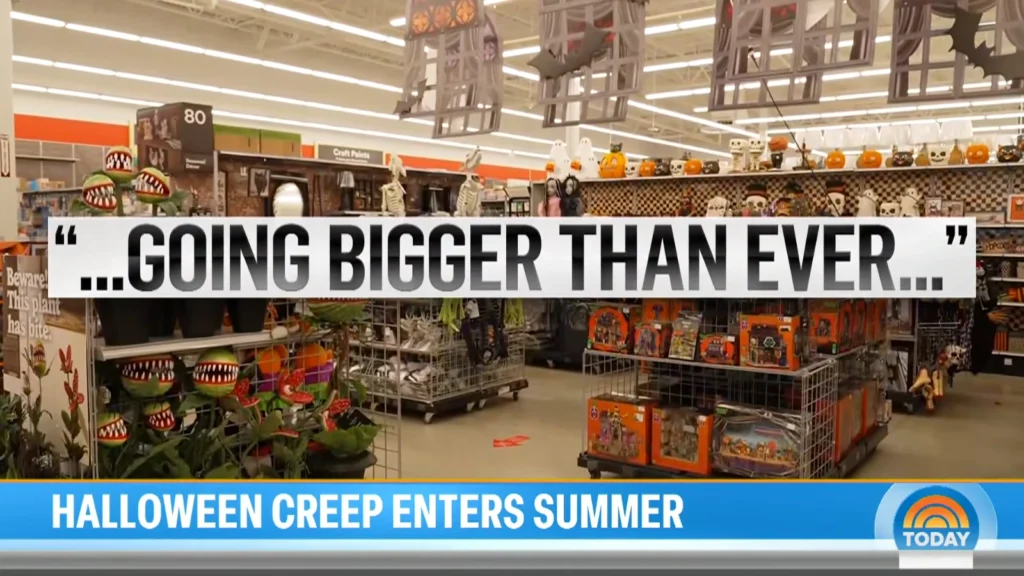 Store aisle filled with Halloween decorations during a TODAY report on early seasonal displays