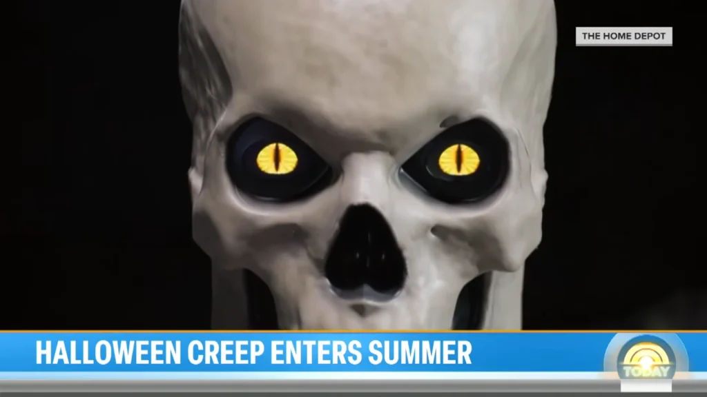 Close-up of a skull Halloween decoration with glowing yellow eyes in Home Depot footage