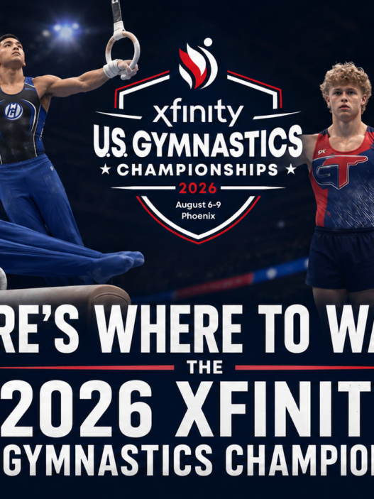 Feature header for Here’s Where to Watch the 2026 Xfinity U.S. Gymnastics Championships showing multiple male gymnasts and the event logo.
