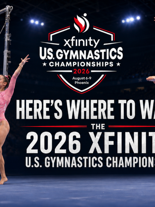 Feature header for Here’s Where to Watch the 2026 Xfinity U.S. Gymnastics Championships showing multiple female gymnasts and the event logo.