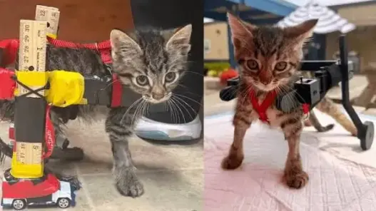 Gelato the rescue kitten using a small mobility wheelchair