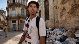Young man in Havana, Cuba, stands beside a large pile of garbage and crumbling buildings, highlighting the island’s worsening infrastructure crisis.