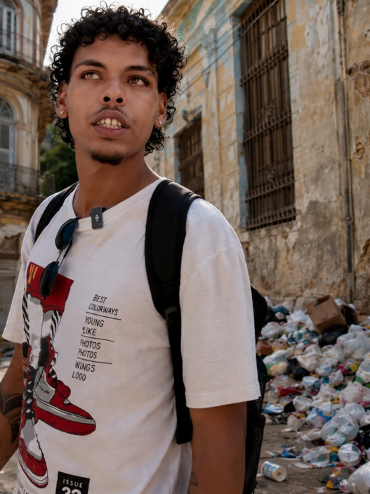 Young man in Havana, Cuba, stands beside a large pile of garbage and crumbling buildings, highlighting the island’s worsening infrastructure crisis.