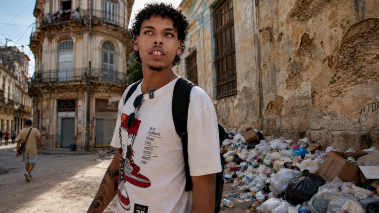 Young man in Havana, Cuba, stands beside a large pile of garbage and crumbling buildings, highlighting the island’s worsening infrastructure crisis.