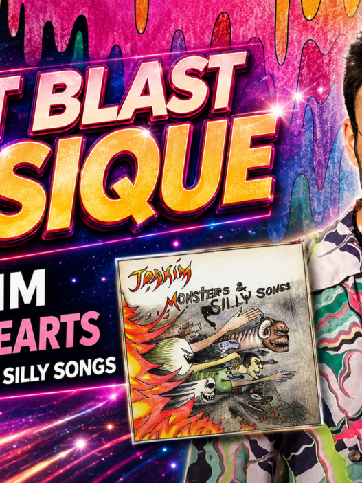 Past Blast Musique header for Joakim’s “Lonely Hearts,” featuring Joakim, the Monsters & Silly Songs album cover, a colorful melting-art background, and large neon “Past Blast Musique” text.
