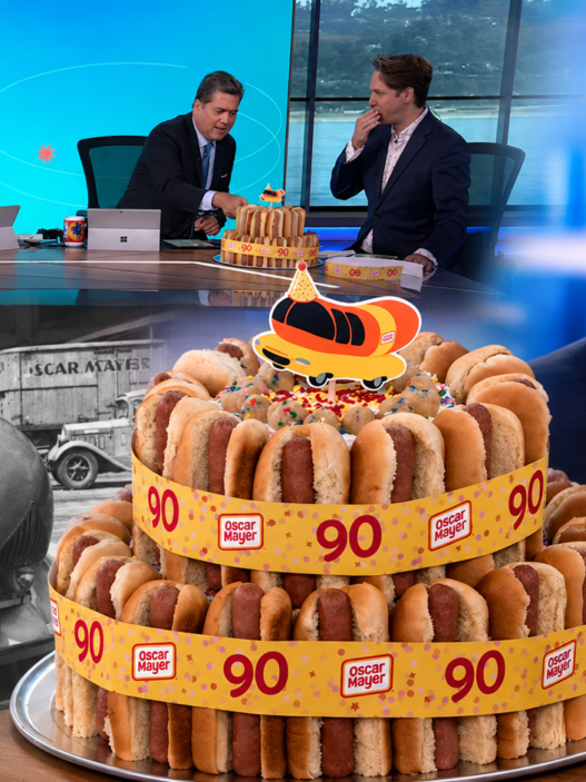 KTLA Morning News hosts celebrate Oscar Mayer’s Wienermobile 90th birthday with a hot dog cake and a vintage Wienermobile image