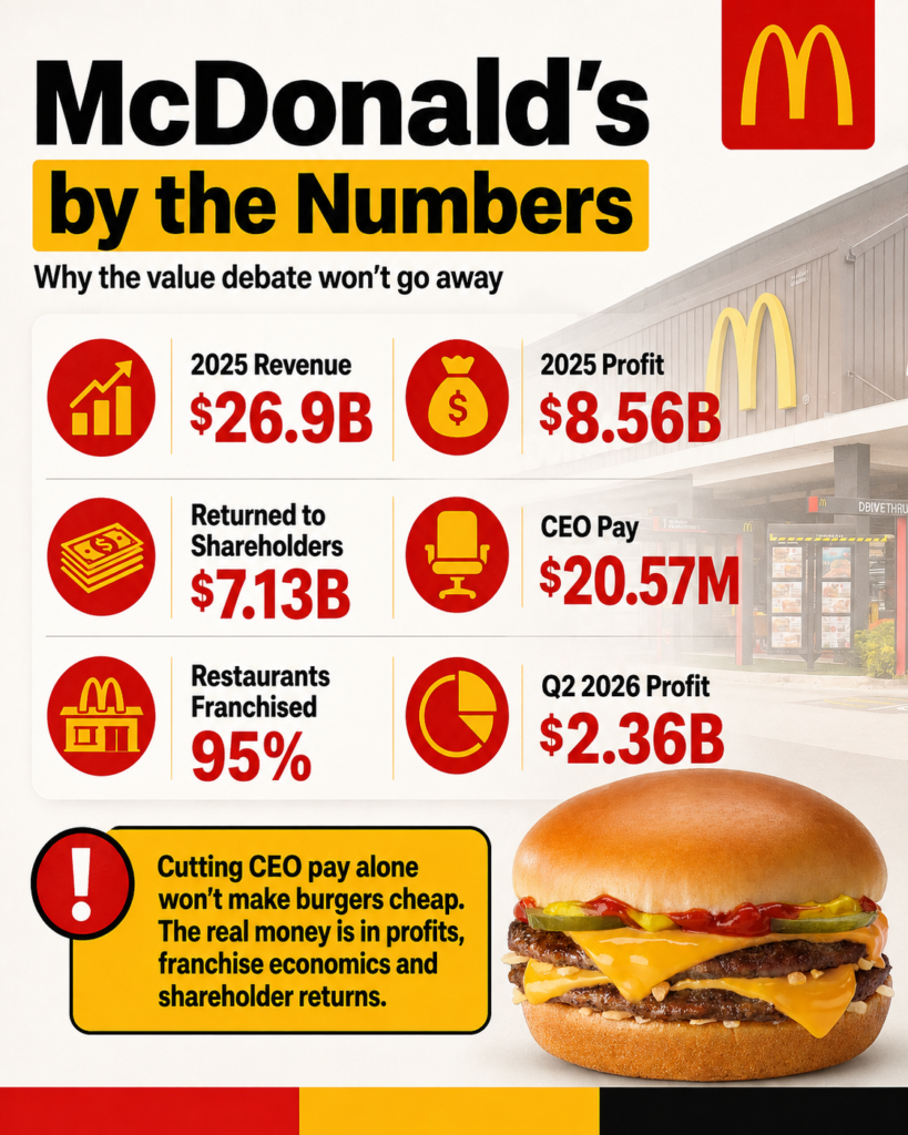 McDonald’s financial infographic showing 2025 revenue, profit, shareholder returns, CEO pay, franchise percentage and second-quarter 2026 profit