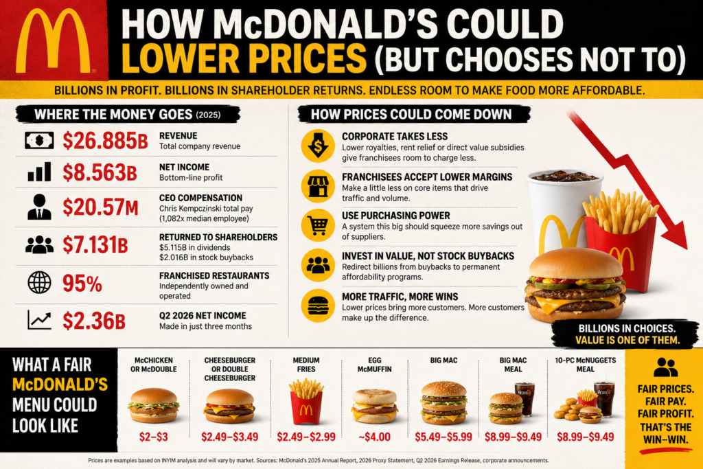 McDonald’s infographic outlining company finances, ways prices could be lowered and INYIM’s fair-price menu estimates