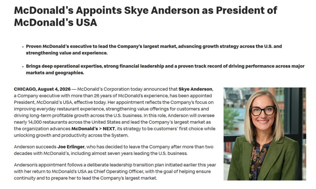 McDonald’s announcement naming Skye Anderson President of McDonald’s USA alongside her official portrait