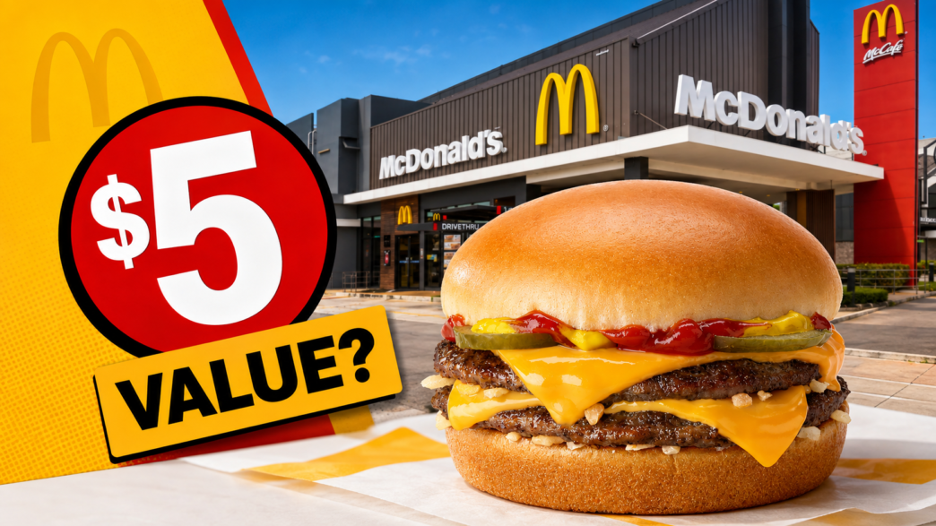 McDonald’s restaurant with double cheeseburger and $5 value graphic highlighting the chain’s pricing debate.