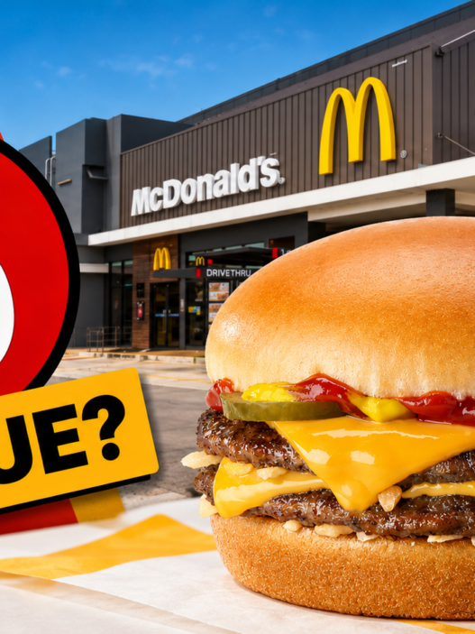 McDonald’s restaurant with double cheeseburger and $5 value graphic highlighting the chain’s pricing debate.