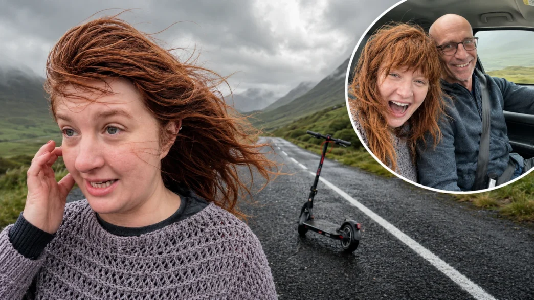 Meg LaGrande stranded with an electric scooter on a rural Iceland road before being helped by a local man.