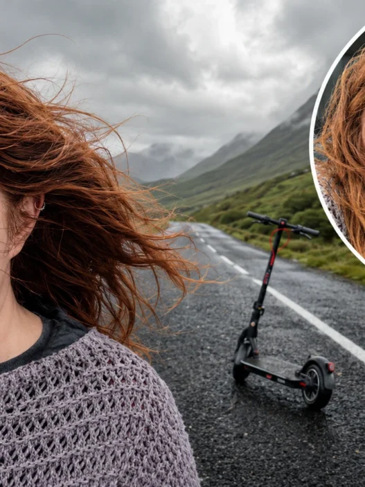 Meg LaGrande stranded with an electric scooter on a rural Iceland road before being helped by a local man.