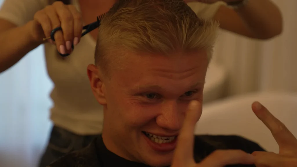 Erling Haaland during the haircut featured in his New Season, New Hair vlog.