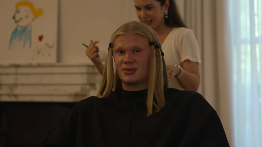 Erling Haaland during the haircut featured in his New Season, New Hair vlog.