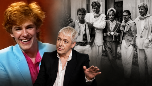 Nick Rhodes then and now alongside an archival photo of Duran Duran