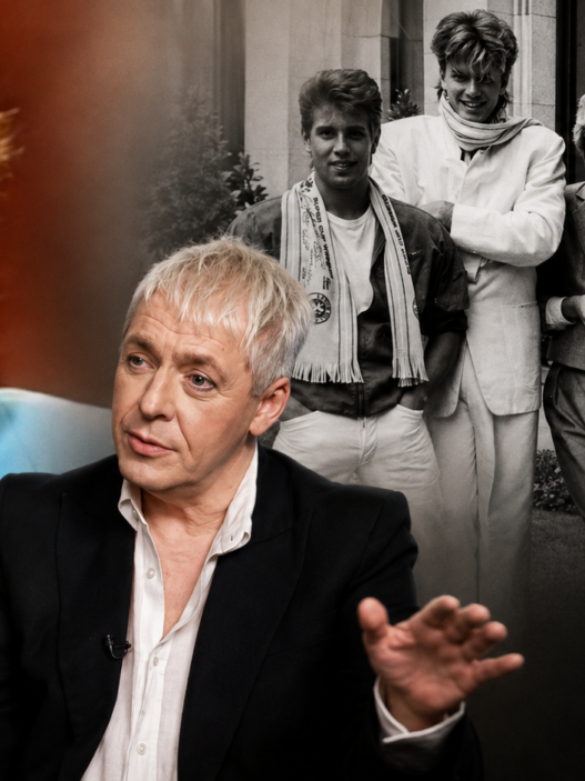 Nick Rhodes then and now alongside an archival photo of Duran Duran