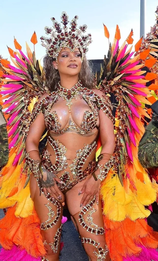 Rihanna wearing her jeweled Lauren Austin costume during Crop Over 2024