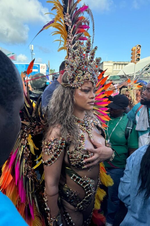 Rihanna in her bronze jeweled costume at Barbados’ 2024 Grand Kadooment parade