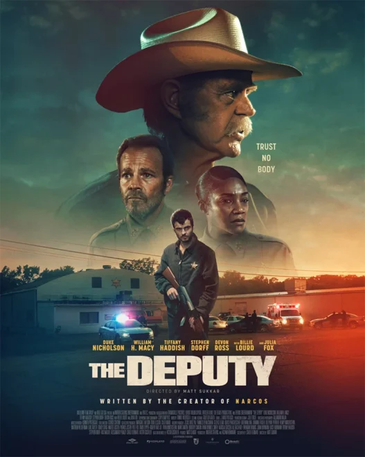 Duke Nicholson featured on The Deputy poster with William H. Macy and Tiffany Haddish