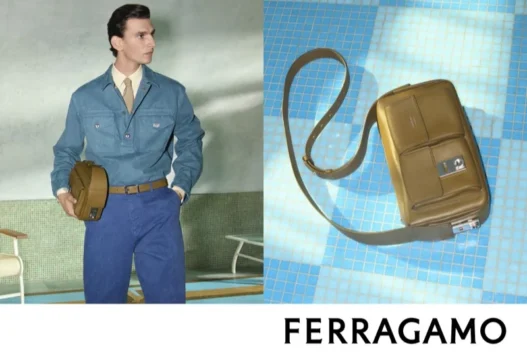 Thibaud Charon carrying a Ferragamo messenger bag in the Fall/Winter 2026 campaign