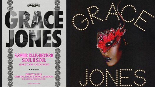 Grace Jones wearing a sculptural Philip Treacy hat at Palace Bowl Presents in London
