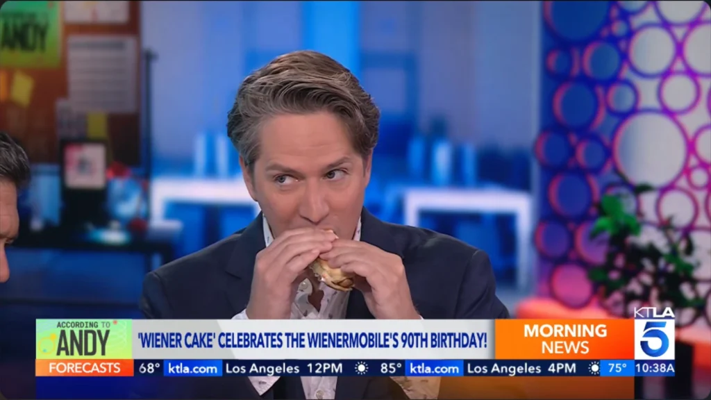 KTLA segment still from the Oscar Mayer Wienermobile birthday celebration