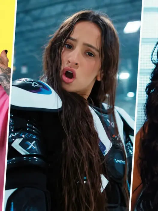 Young Miko, Rosalía and Becky G featured in a three-panel editorial image for the 2026 Billboard Latin Music Awards
