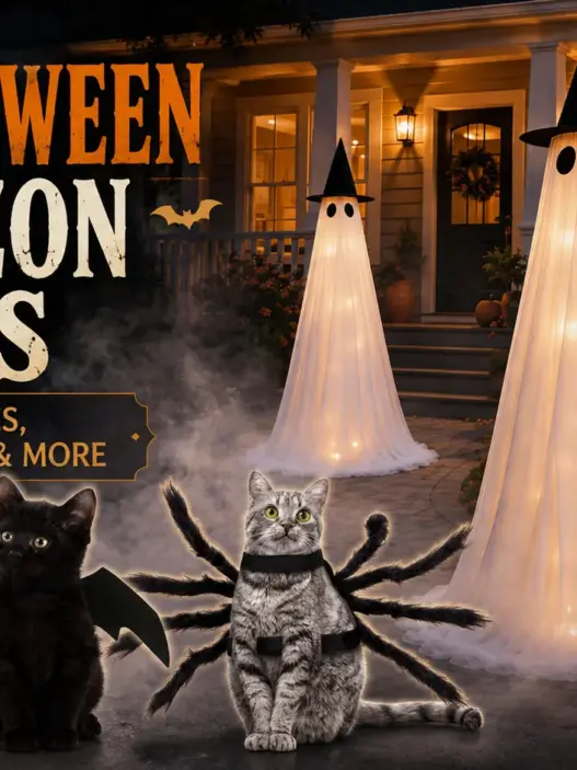 Six Halloween Amazon finds featuring pet costumes, light-up ghost decorations, a fog machine, a kids costume and fall fashion.