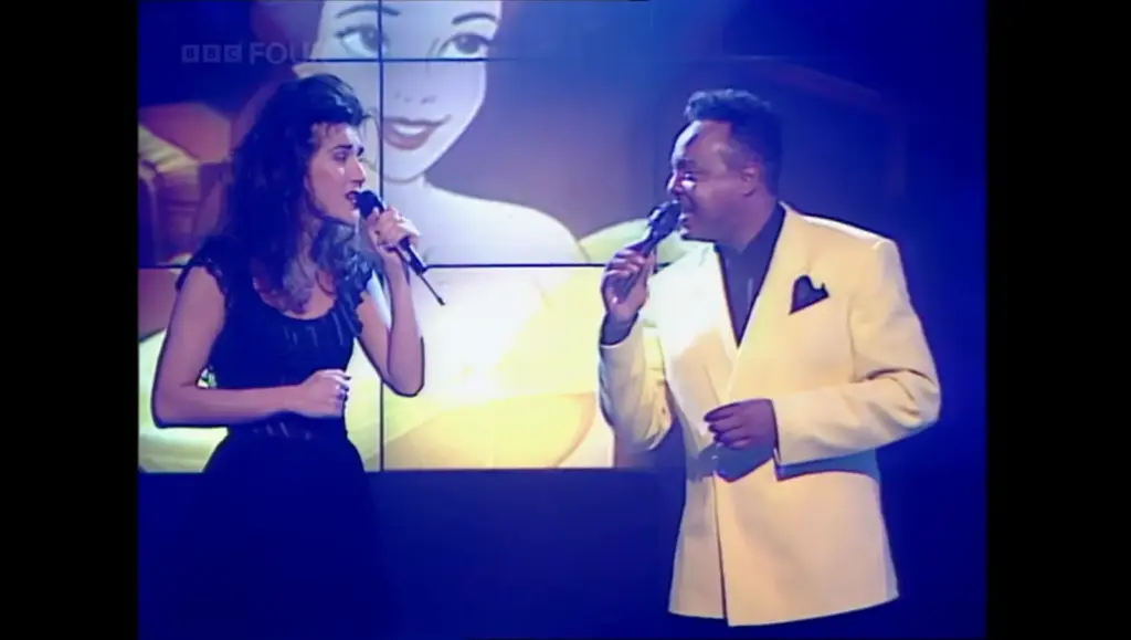 Céline Dion and Peabo Bryson during their Beauty and the Beast Top of the Pops performance