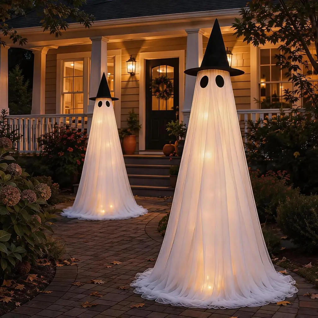 Two large illuminated white ghost Halloween decorations wearing black witch hats outside a home