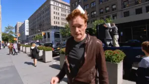 Conan O’Brien walking through New York City during his 2011 Chinese food delivery remote for CONAN