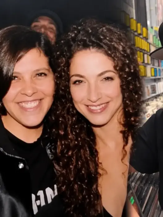 DJ Irene at Amoeba Hollywood alongside an archival photo of Gloria Estefan with Arena staff