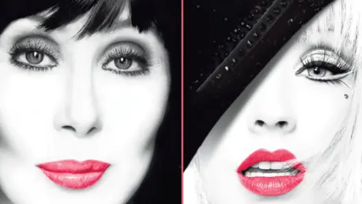 Cher and Christina Aguilera in a story celebrating Burlesque streaming on Hulu