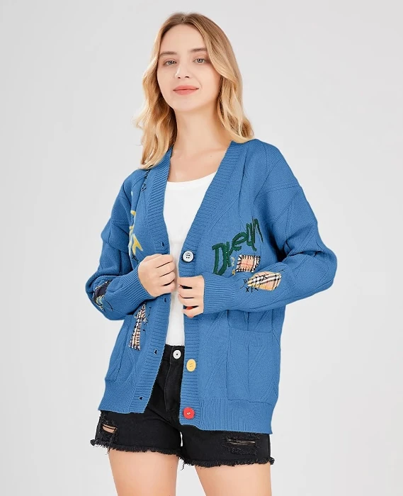 Blue ebossy sheep-embroidered cable-knit cardigan with colorful buttons