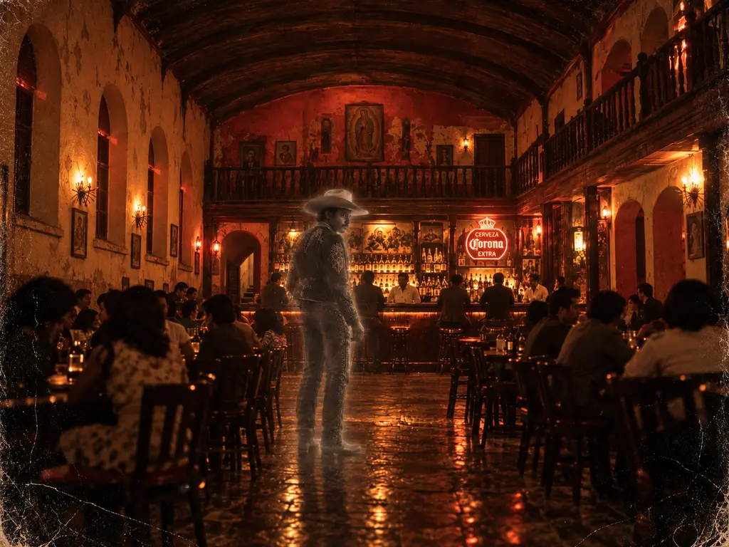 Historical visualization of a ghostly Mexican cowboy inside the former El Leon de Oro nightclub in Boyle Heights