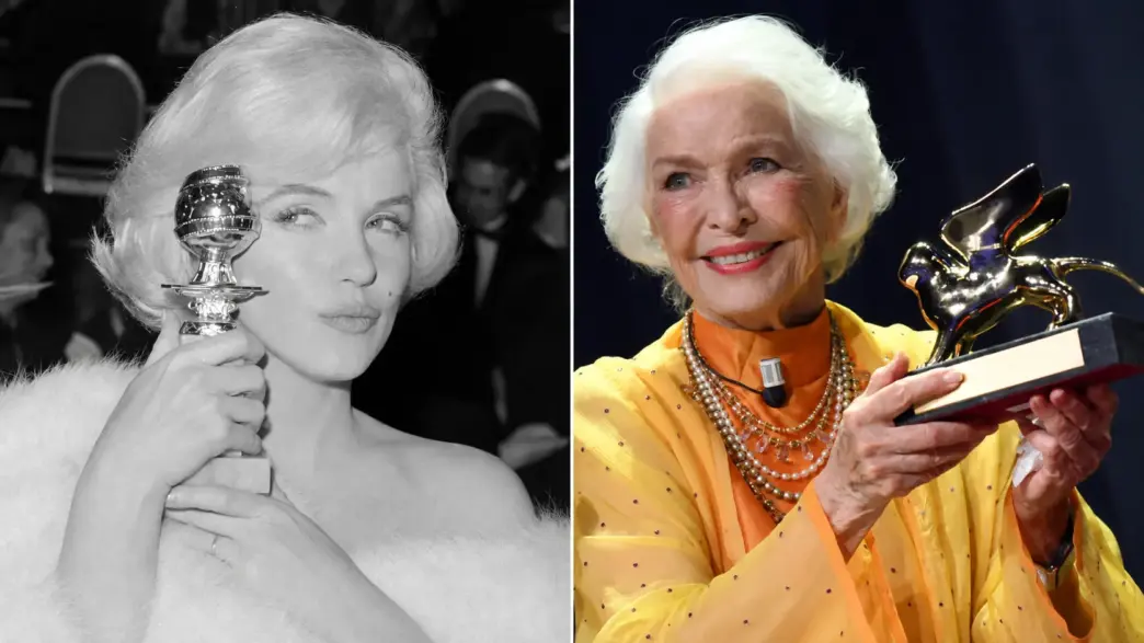 Marilyn Monroe holding a Golden Globe beside Ellen Burstyn receiving the Golden Lion at the Venice Film Festival