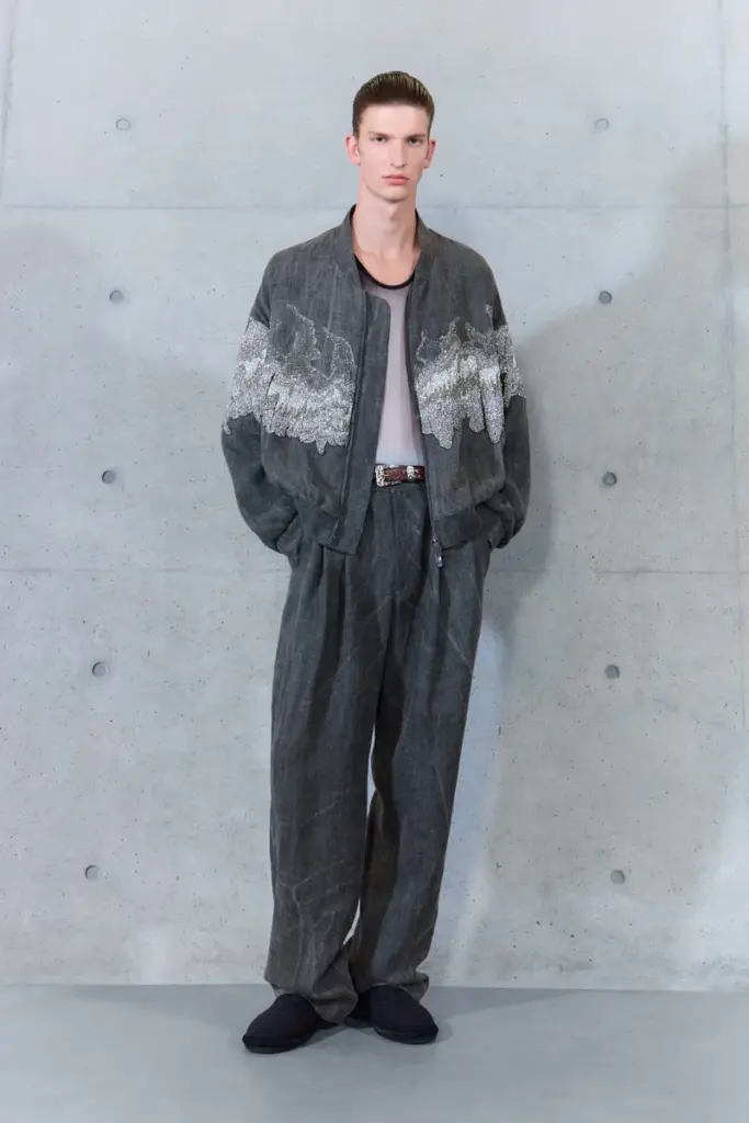 Emporio Armani Spring 2027 beaded bomber jacket sheer top pleated trousers