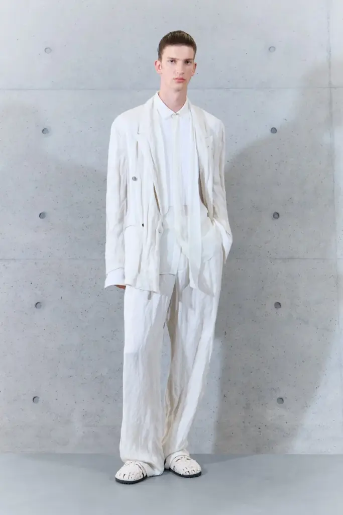 Emporio Armani Spring 2027 crinkled double breasted jacket scarf wide trousers