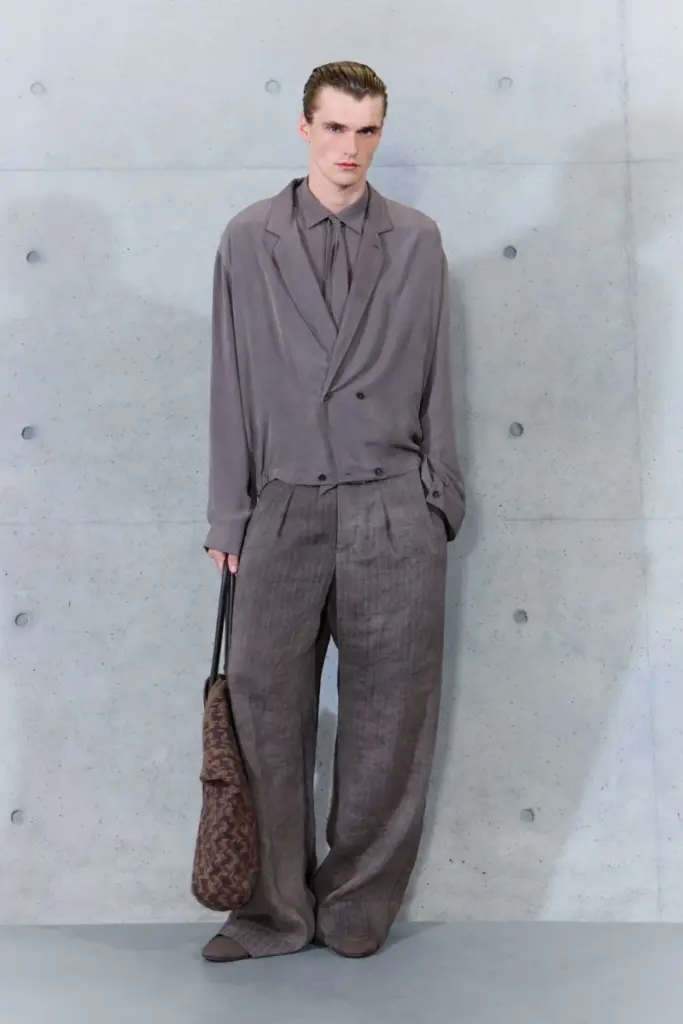 Emporio Armani Spring 2027 cropped wrap jacket pinstripe trousers woven bag