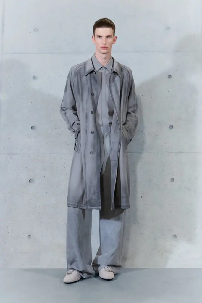 Emporio Armani Spring 2027 faded gray trench coat wide trousers