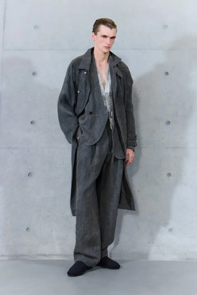 Emporio Armani Spring 2027 gray coat chainmail vest wide trousers