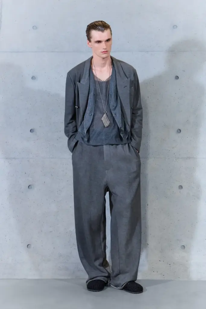 Emporio Armani Spring 2027 gray double breasted jacket sheer layers necklace