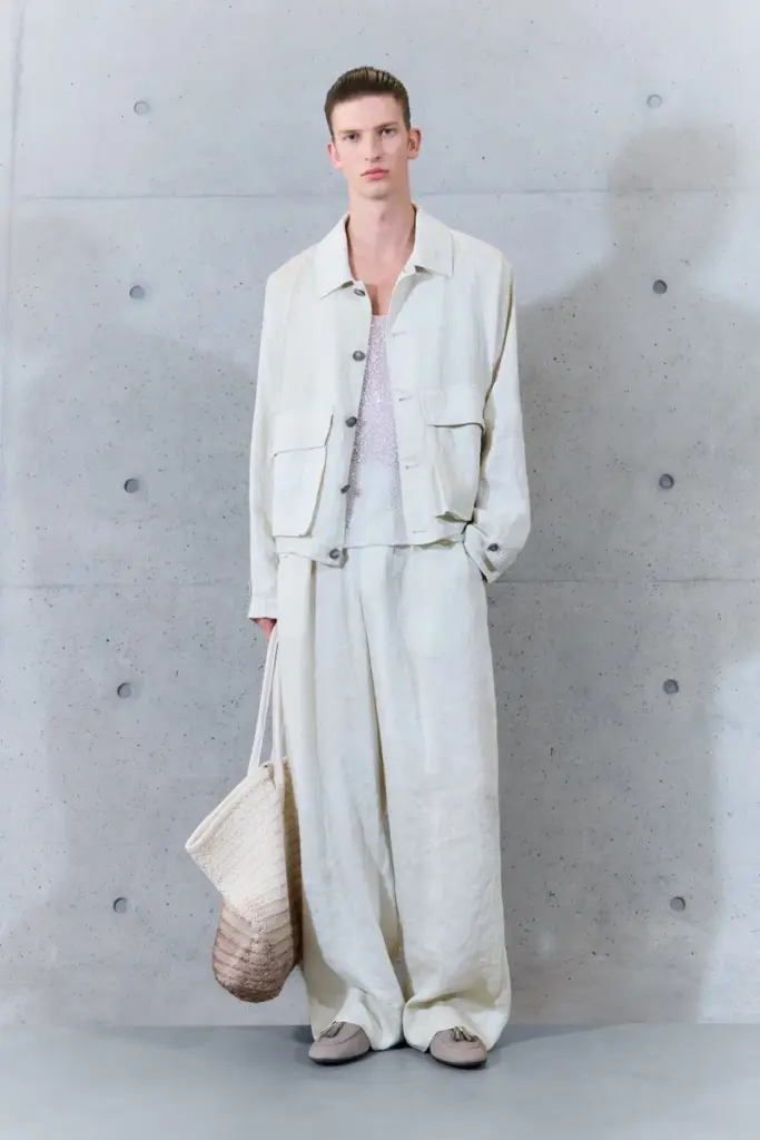 Emporio Armani Spring 2027 linen utility jacket sequin tank woven tote
