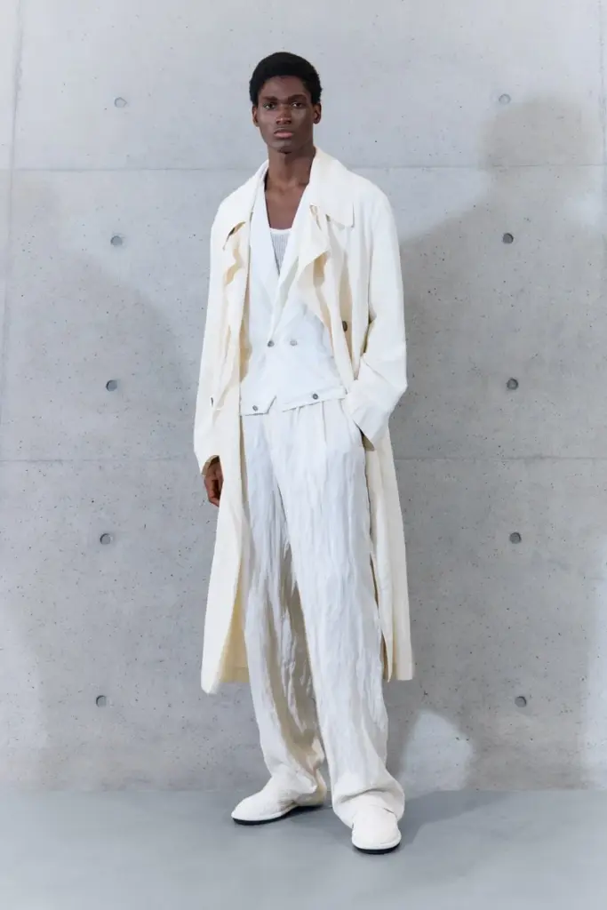Emporio Armani Spring 2027 long trench coat waistcoat crinkled trousers