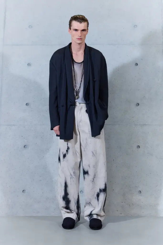 Emporio Armani Spring 2027 shawl collar jacket dyed trousers necklaces